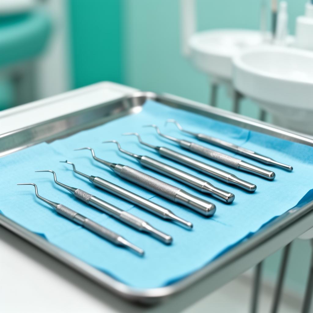 Sterilized dental instruments arranged on a clinical tray in a modern operatory